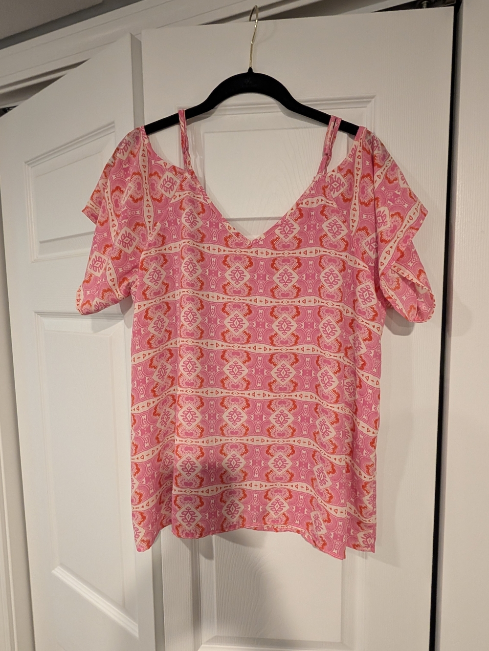 Collective Concepts Atalya Cold Shoulder Top Pink Boho Geometric Blouse Large L